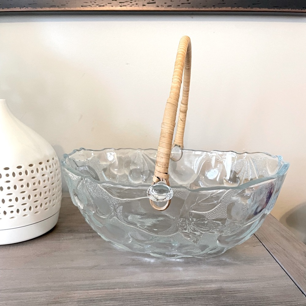 Rare Vintage Clear Glass Oval Fruit Bowl with Bamboo Handle
